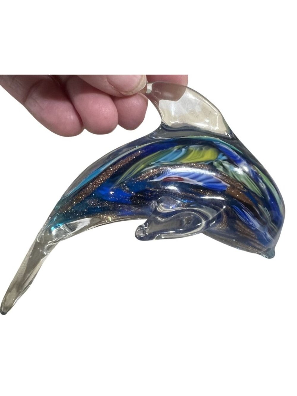 Handcrafted Glass Dolphin Figurine Multicolor Swirls Art Glass Murano Colors